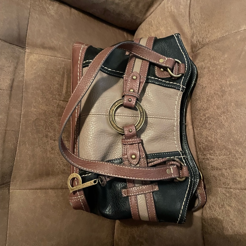 boc Two-Tone Leather Shoulder Bag in Black, Taupe & Brown